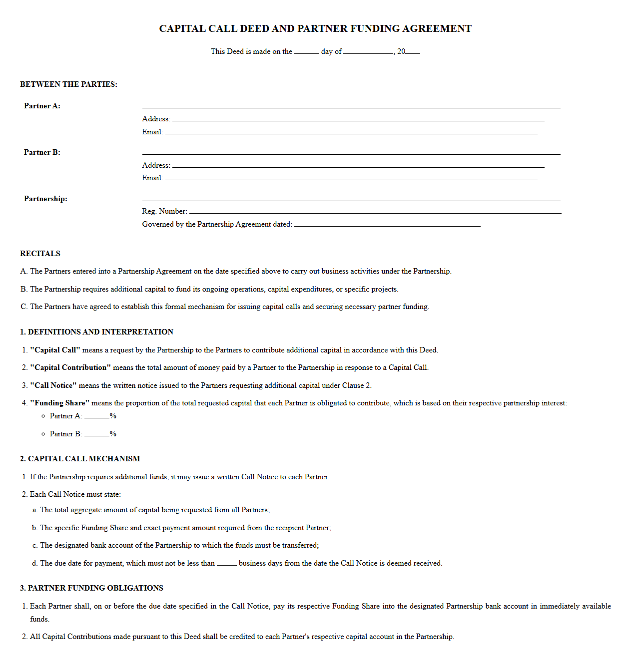 Capital Call Deed and Partner Funding Agreement