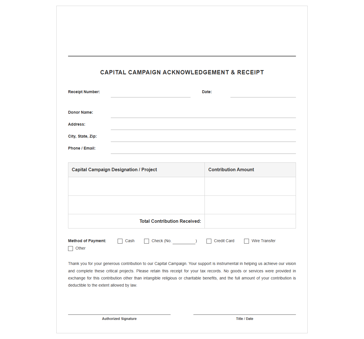 Capital Campaign Donor Acknowledgement and Receipt