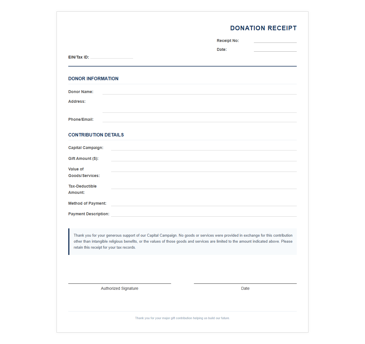 Capital Campaign Major Gift Donation Receipt