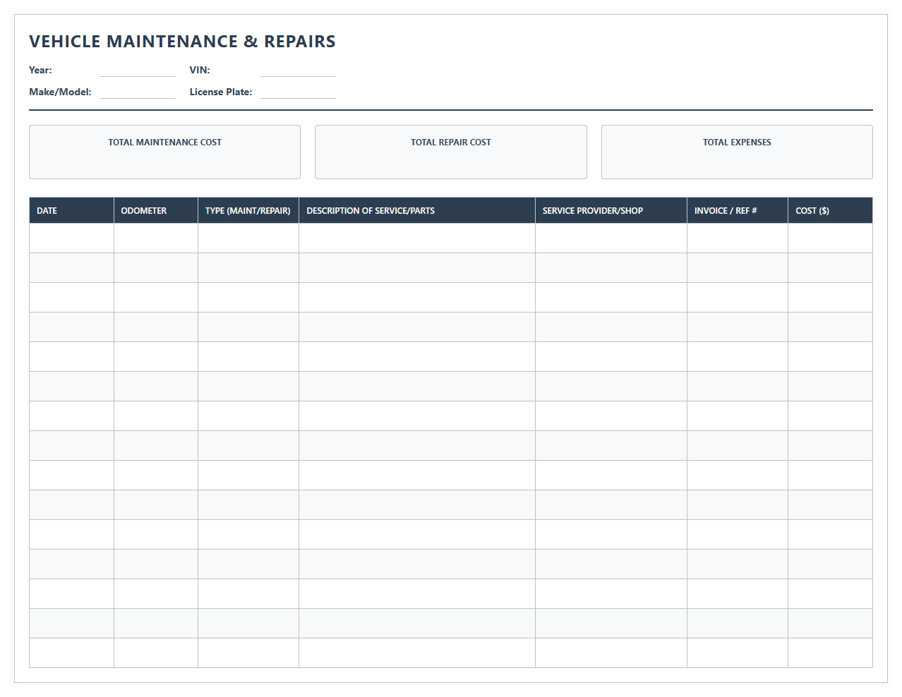Car Maintenance Expense Spreadsheet