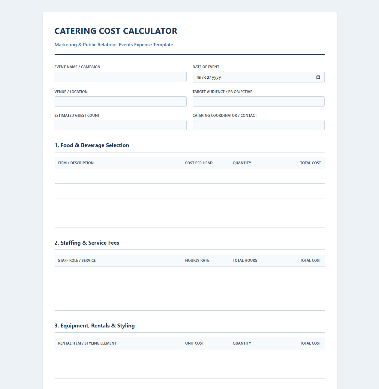 Catering Cost Calculator for Marketing and PR Events
