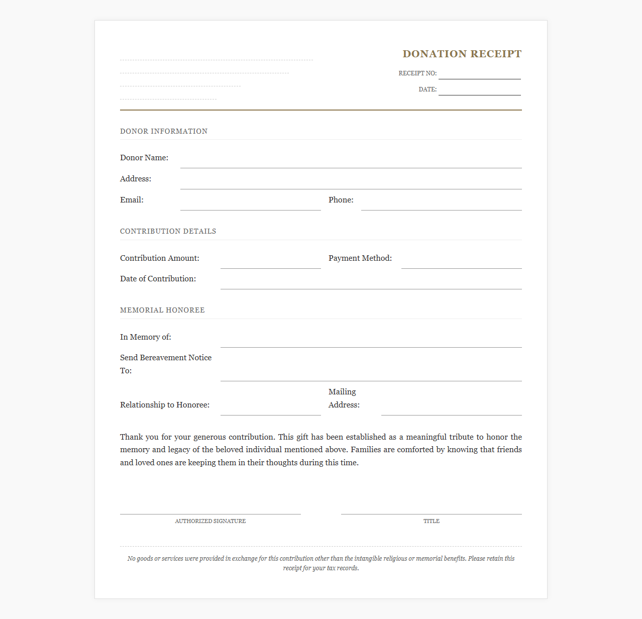 Charitable Memorial Gift Acknowledgement Receipt
