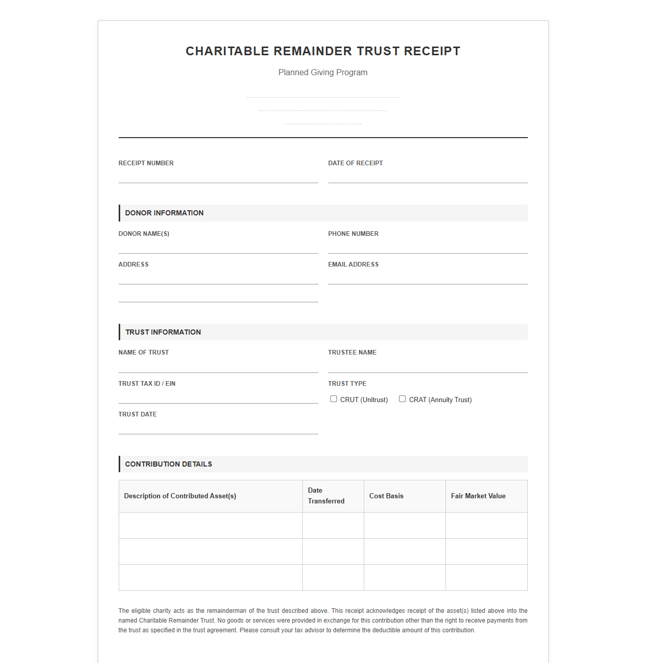 Charitable Remainder Trust Receipt Template