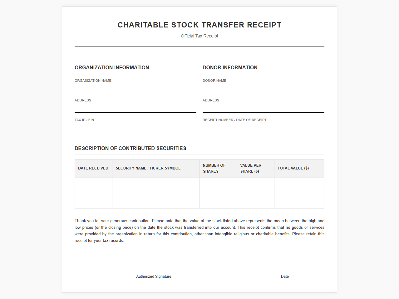 Charitable Stock Transfer Receipt