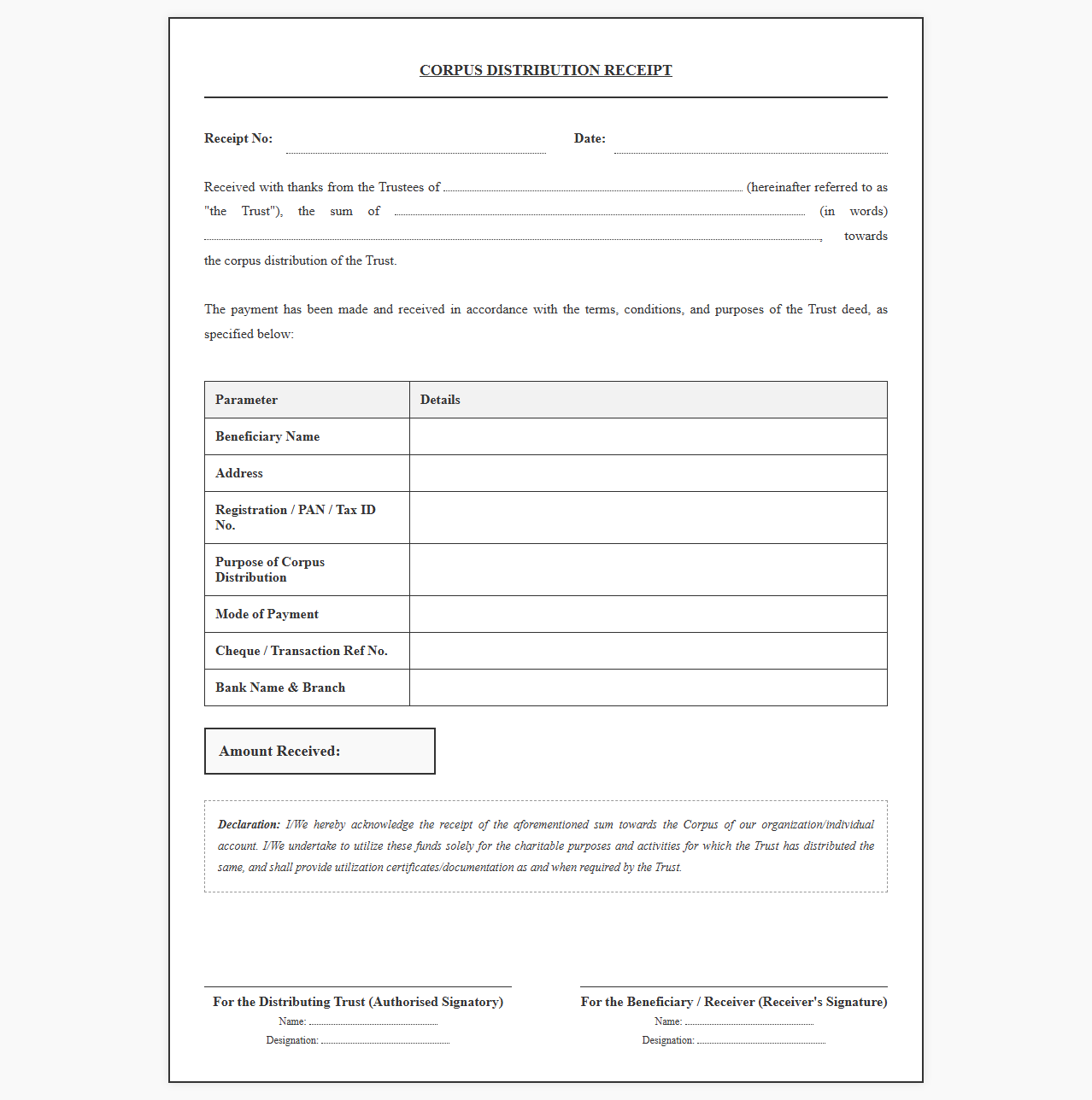 Charitable Trust Corpus Distribution Receipt