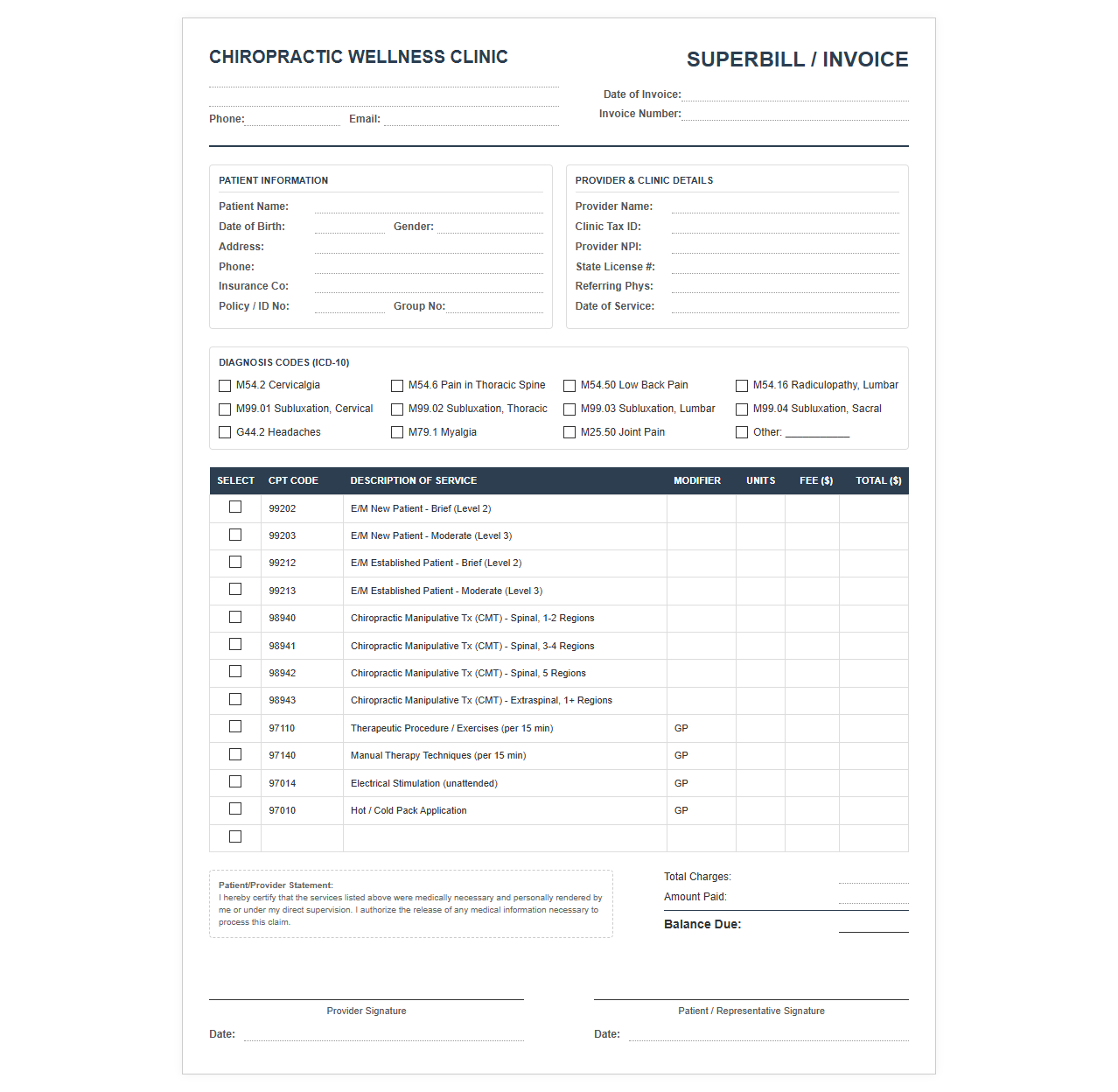 Chiropractic Wellness Clinic Superbill Invoice