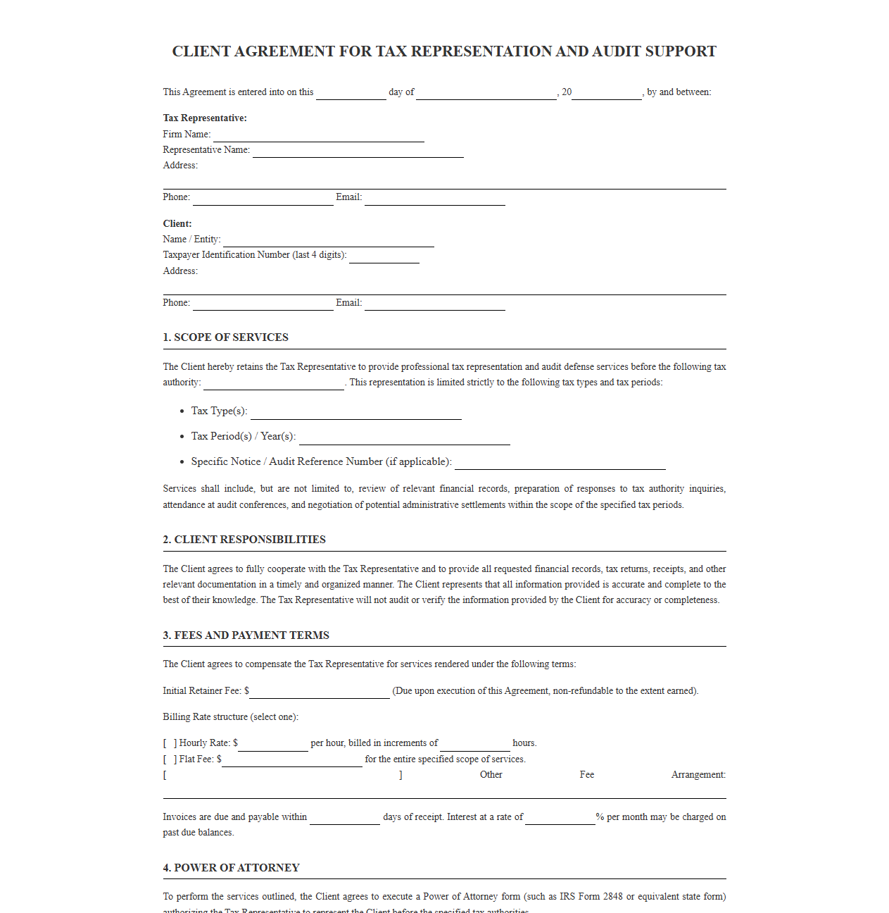 Client Agreement for Tax Representation and Audit Support
