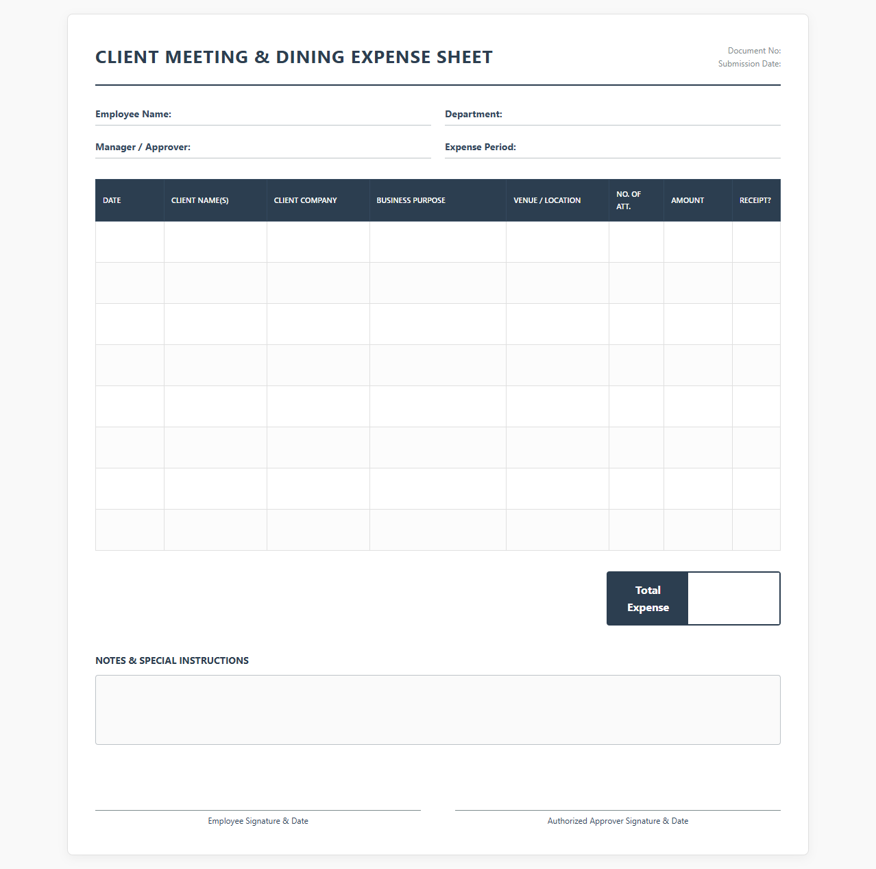 Client Meeting and Dining Expense Sheet