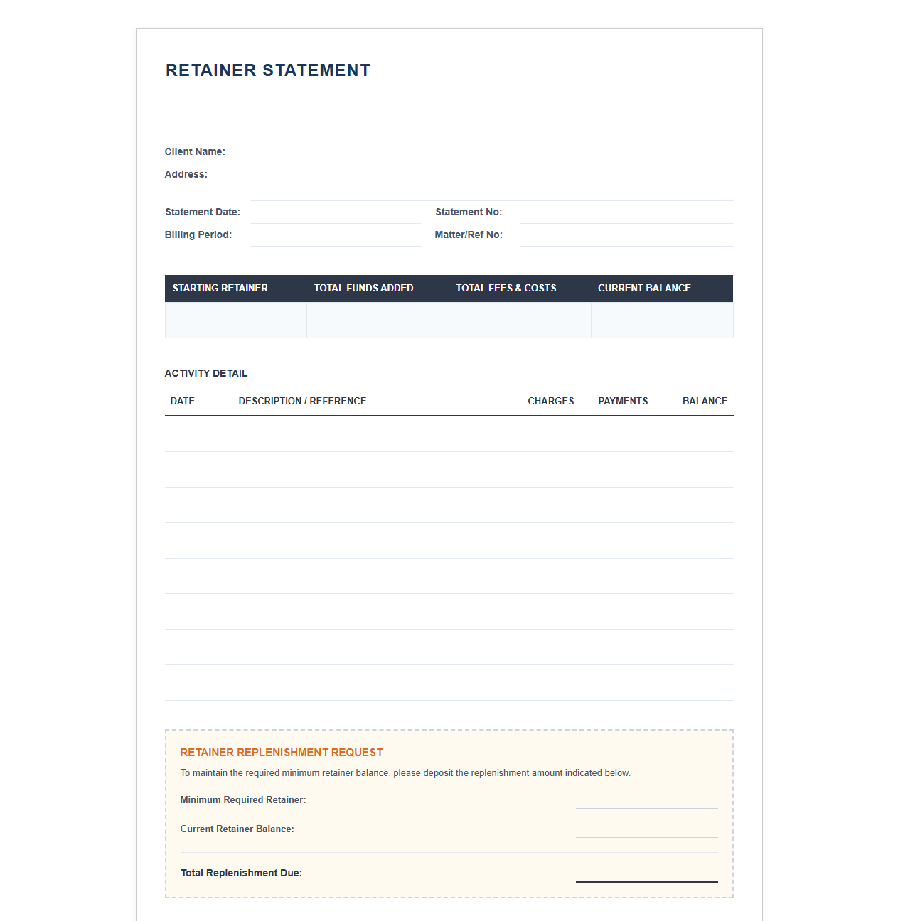 Client Retainer Balance and Billing Statement