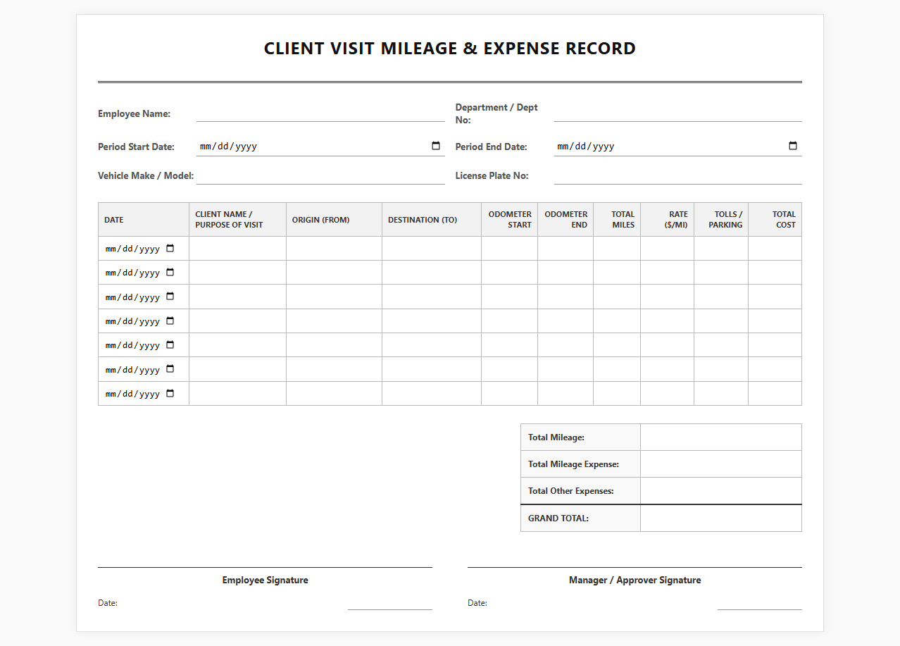 Client Visit Mileage and Expense Record