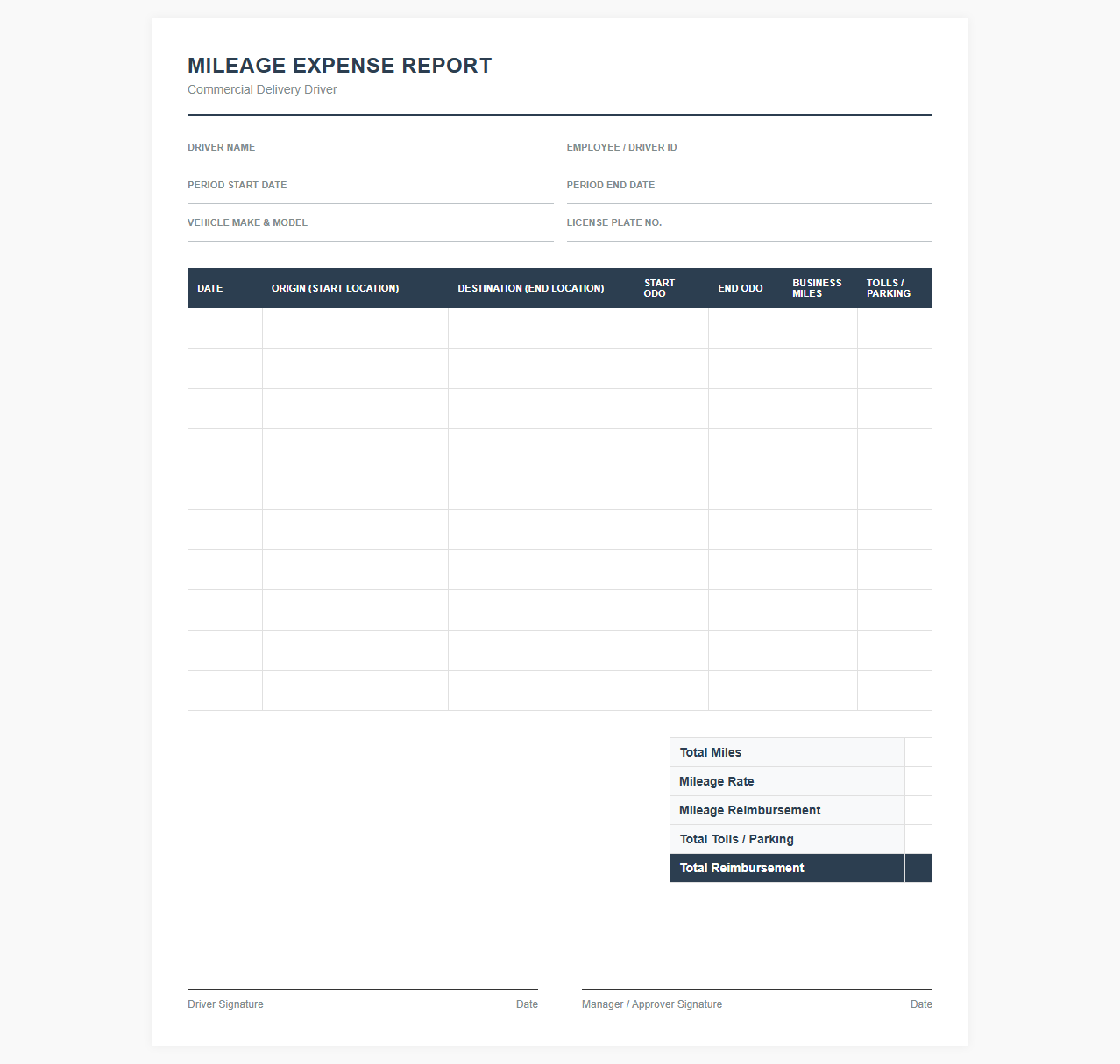 Commercial Delivery Driver Mileage Expense Report