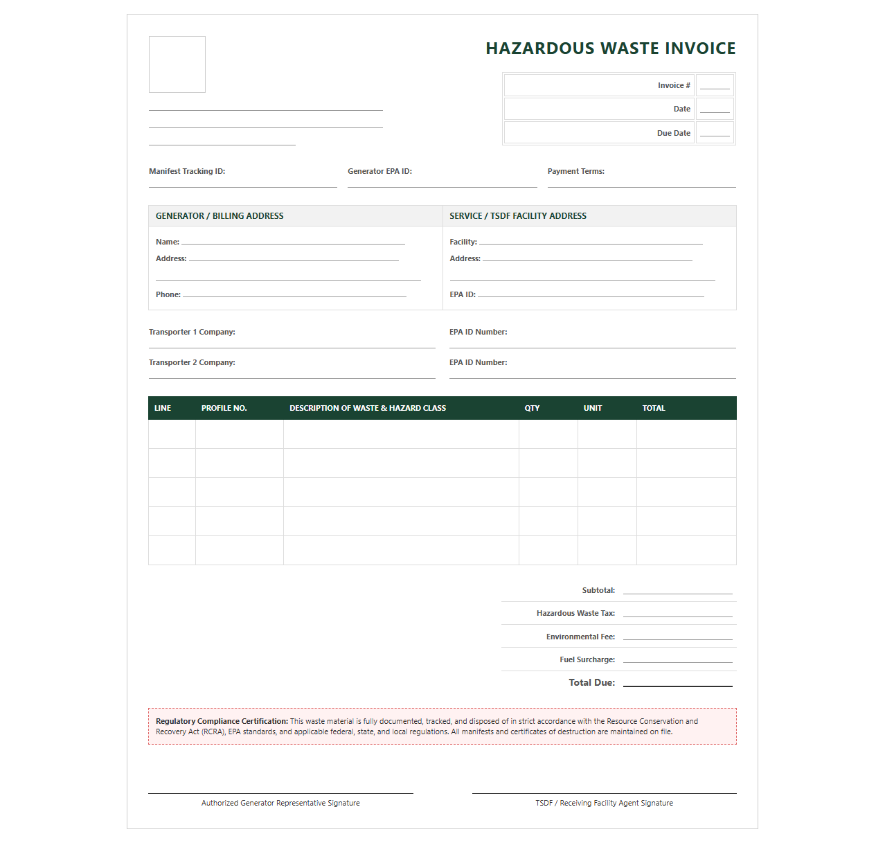 Commercial Hazardous Waste Disposal Invoice