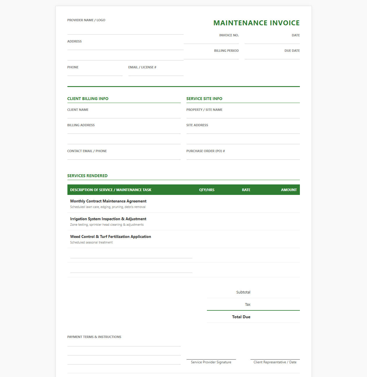 Commercial Landscaping Monthly Maintenance Invoice Template