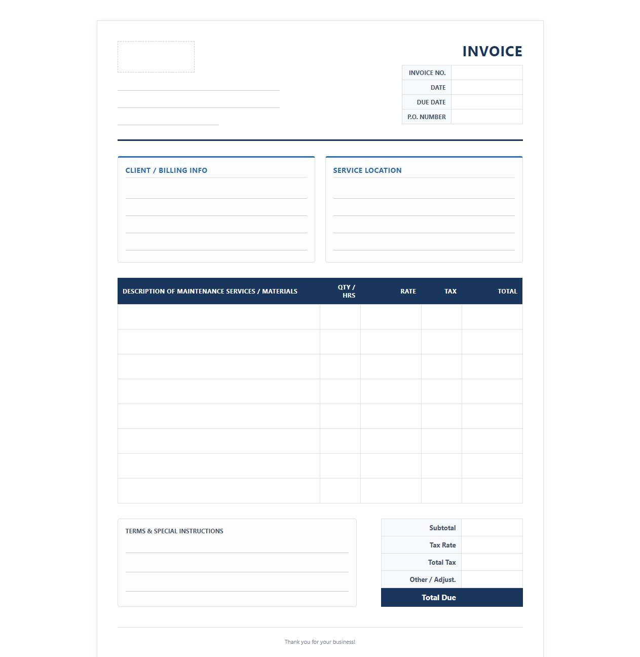 Commercial Maintenance Services Invoice Sheet