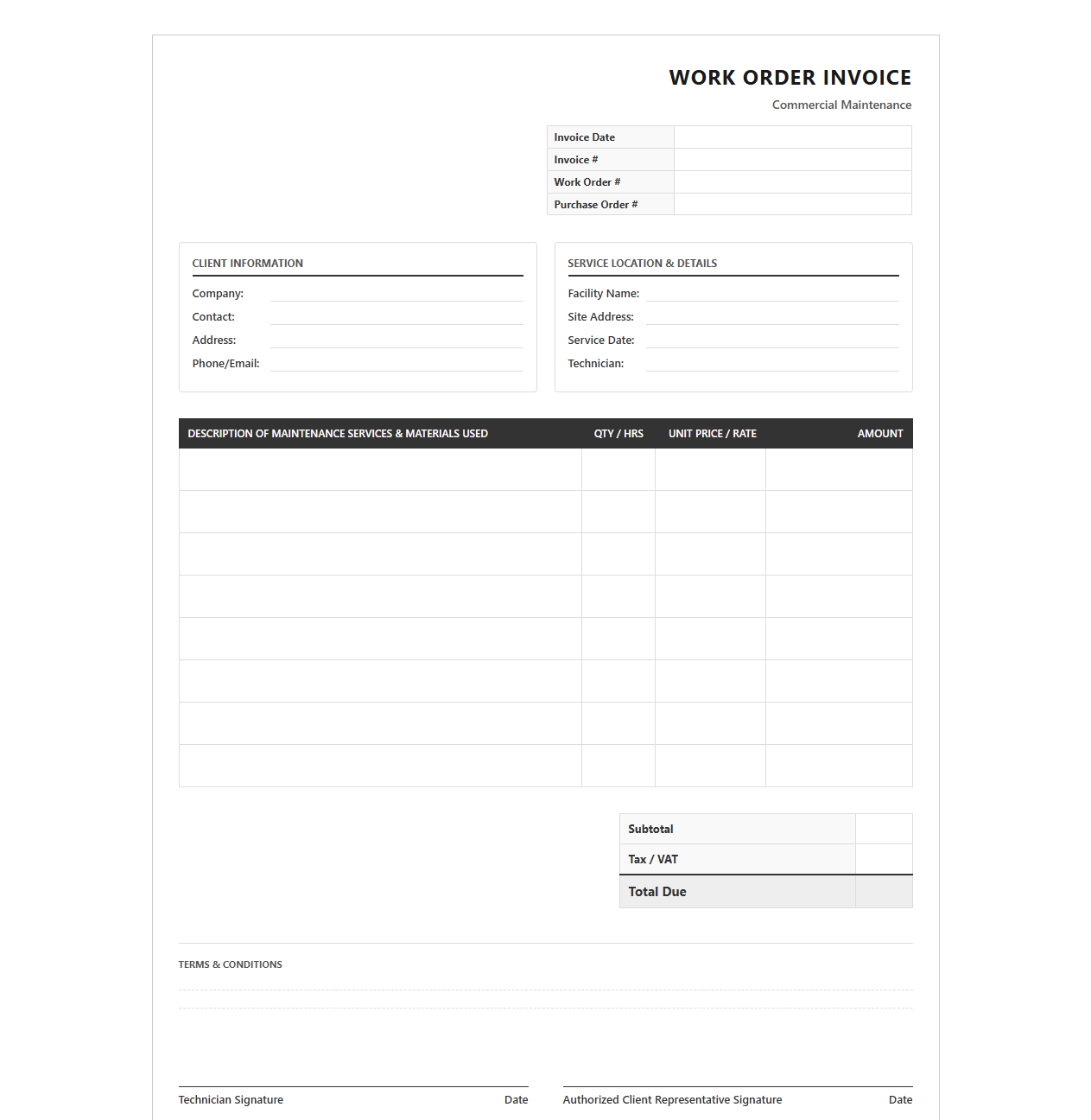 Commercial Maintenance Work Order Invoice