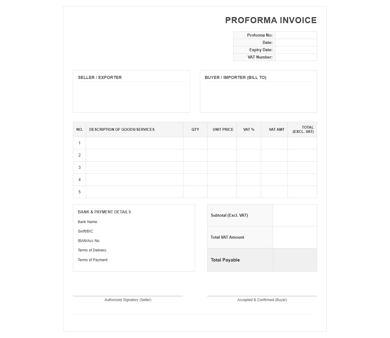 Commercial Proforma Invoice with VAT Calculation
