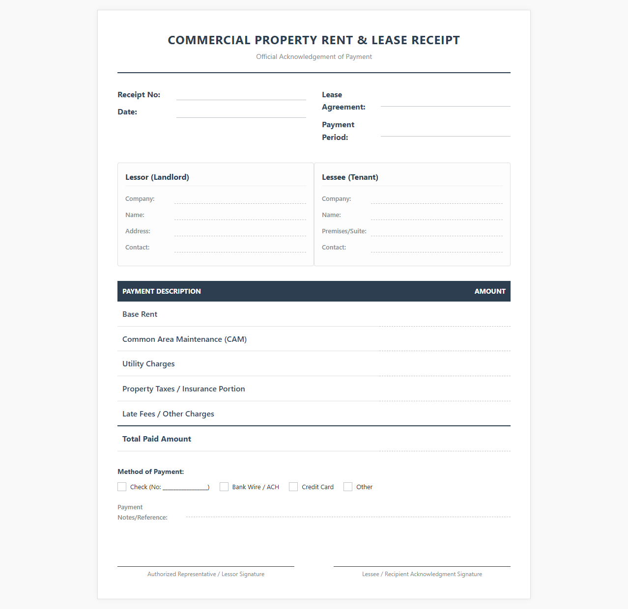 Commercial Property Rent and Lease Receipt