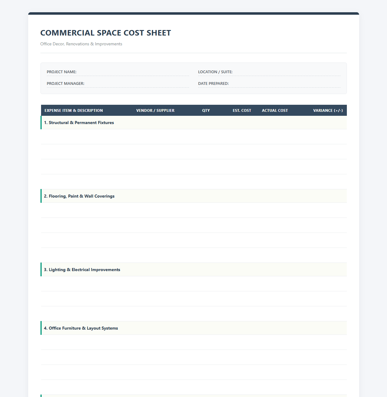 Commercial Space Improvement and Decor Cost Sheet
