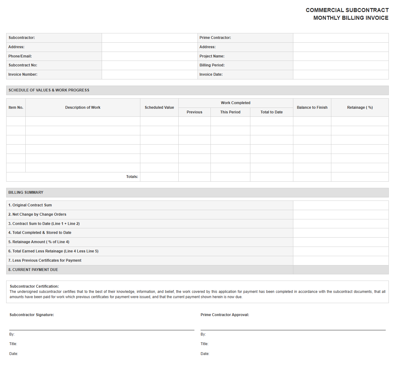 Commercial Subcontract Agreement Monthly Billing Template