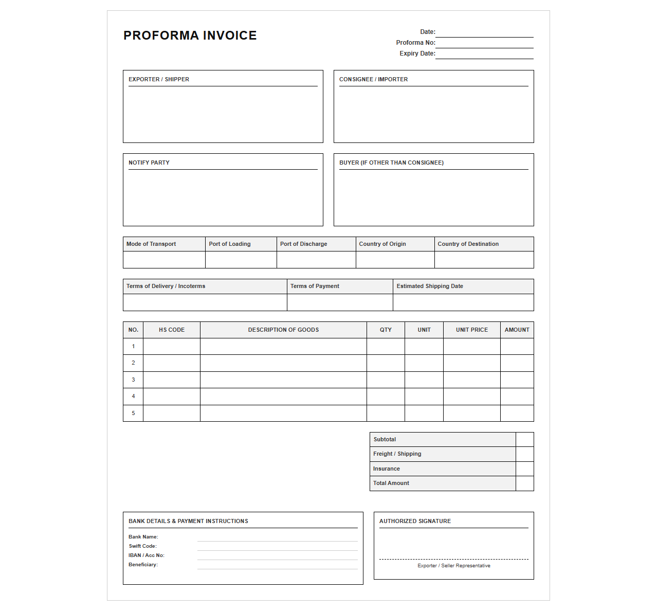 Commercial Trade Proforma Invoice Template