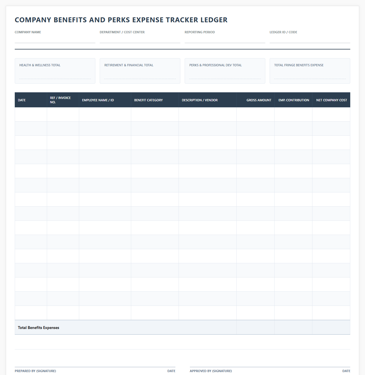 Company Benefits and Perks Expense Tracker Ledger