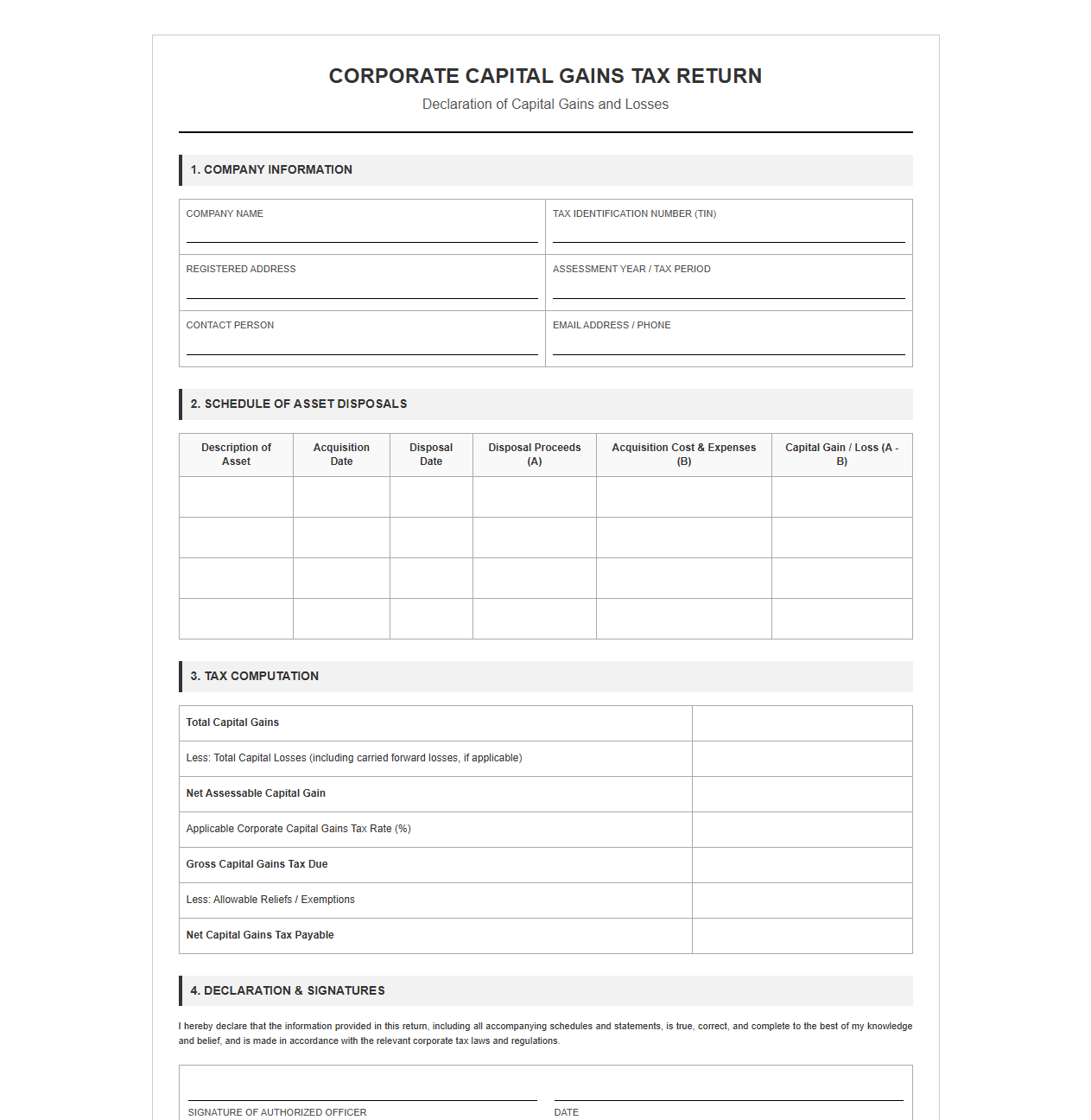 Company Capital Gains Tax Declaration Template