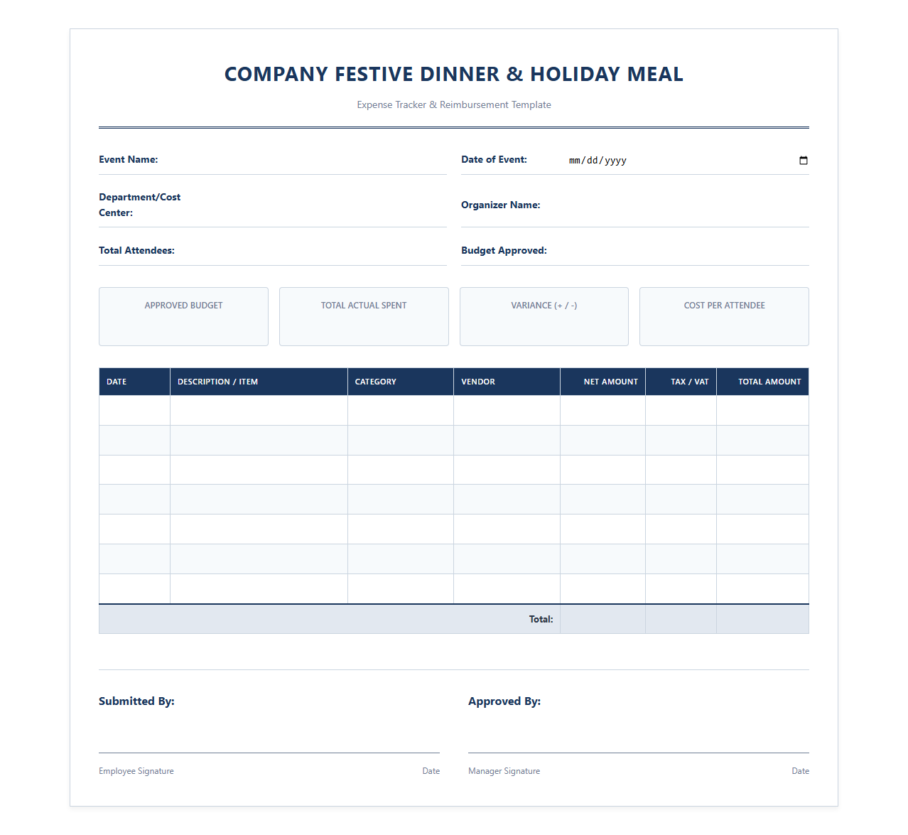 Company Festive Dinner and Holiday Meal Expense Tracker