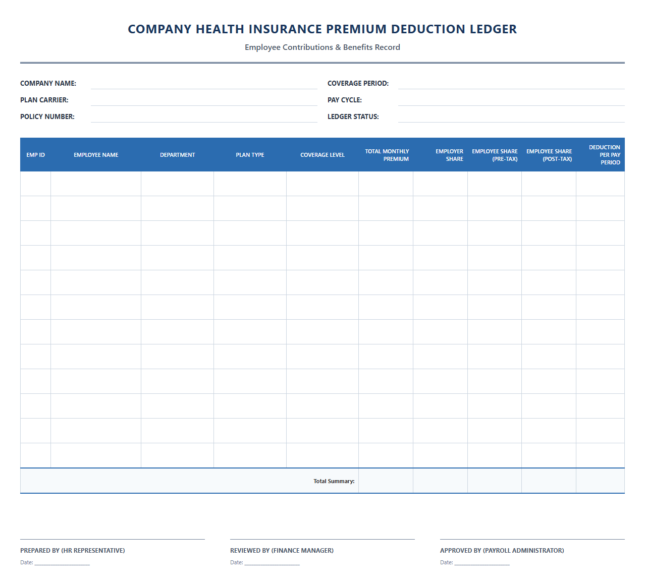 Company Health Insurance Premium Deduction Ledger