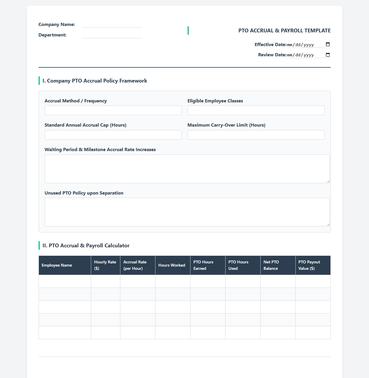 Company PTO Accrual Policy and Payroll Calculator