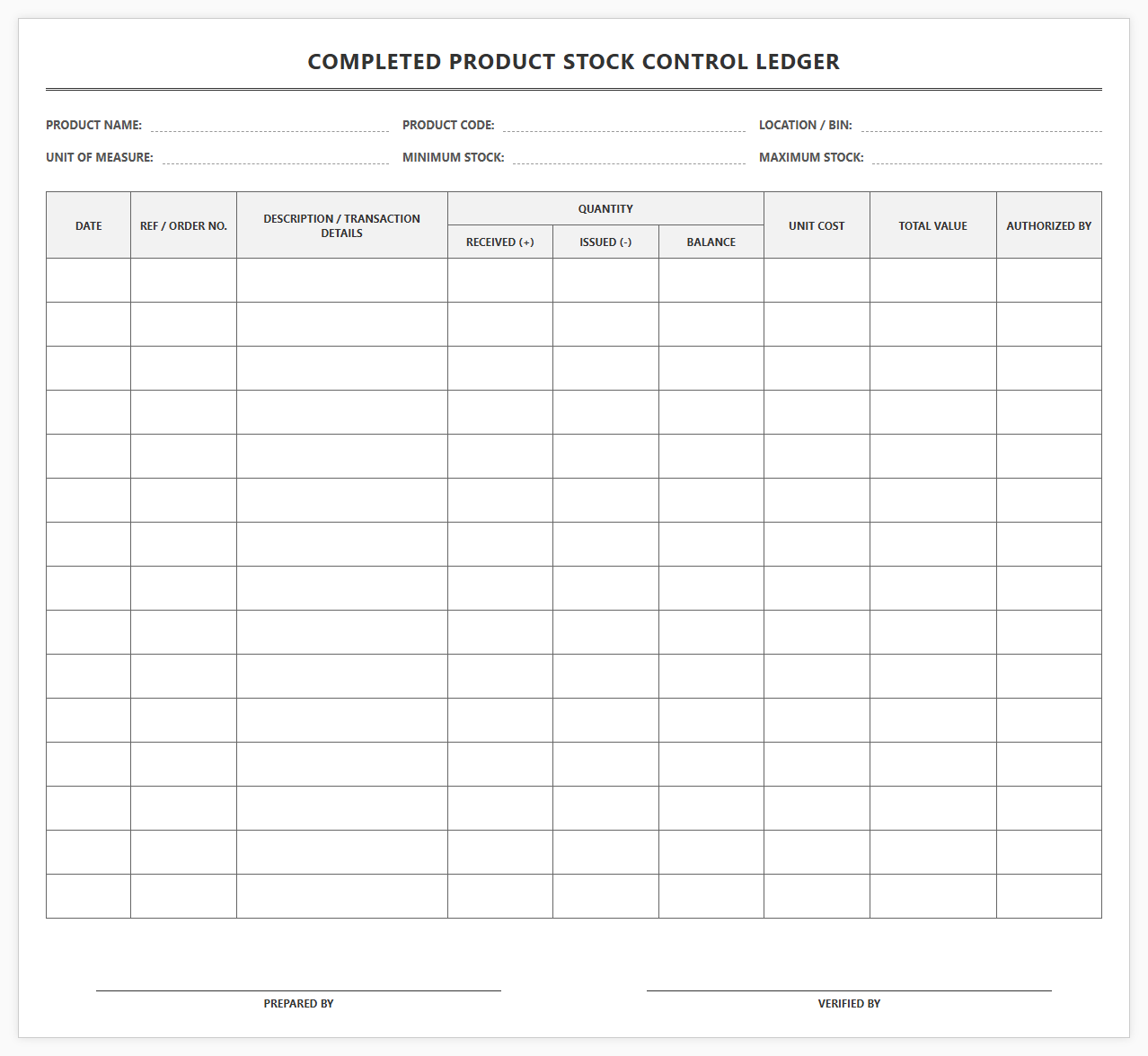 Completed Product Stock Control Ledger