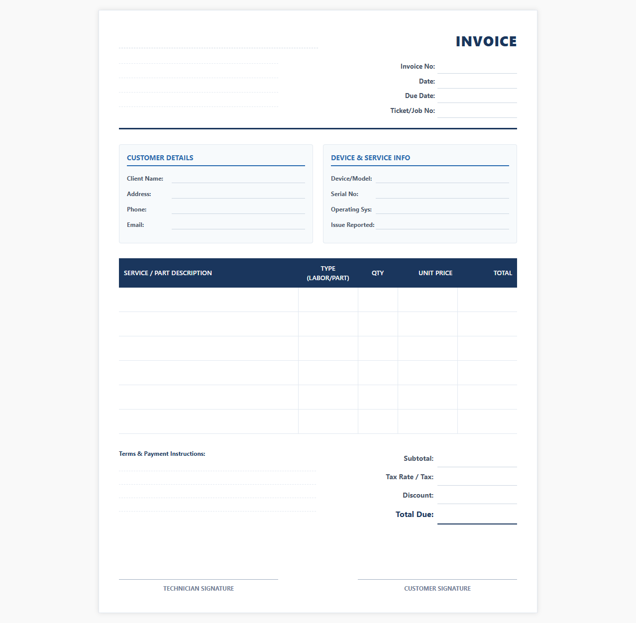 Computer and IT Repair Service Invoice