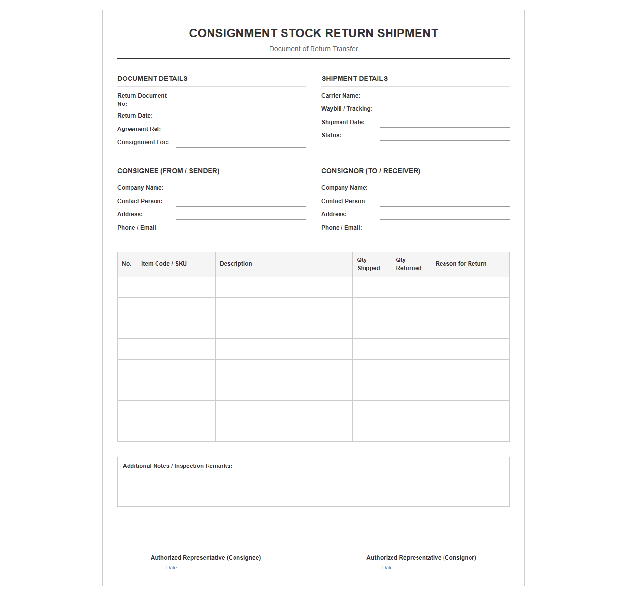 Consignment Stock Return Shipment Document