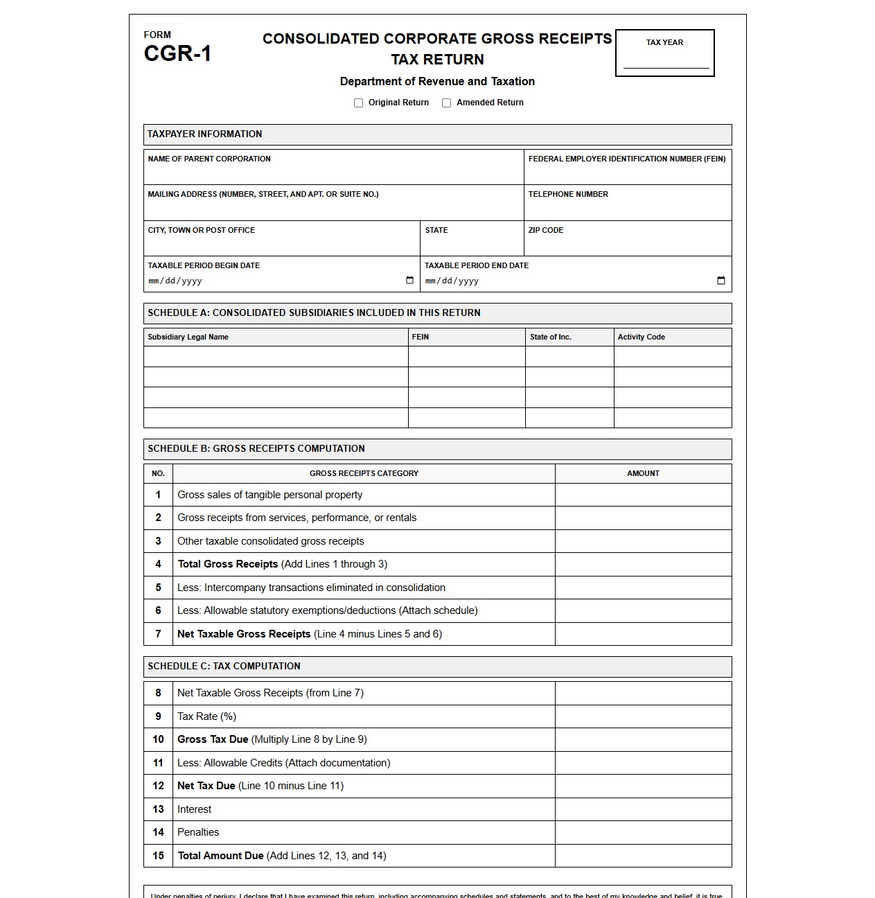 Consolidated Corporate Gross Receipts Tax Return