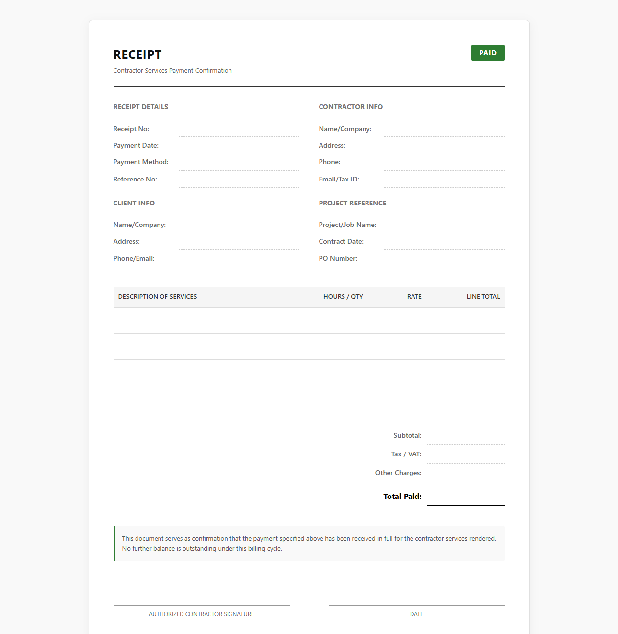 Contractor Bill Paid Confirmation Template