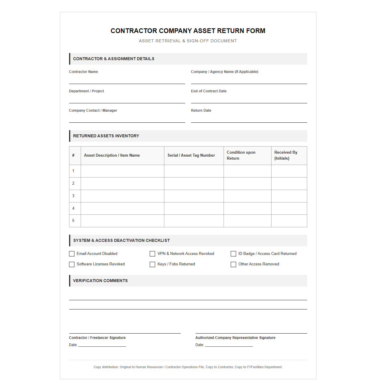 Contractor Company Asset Return Form Template