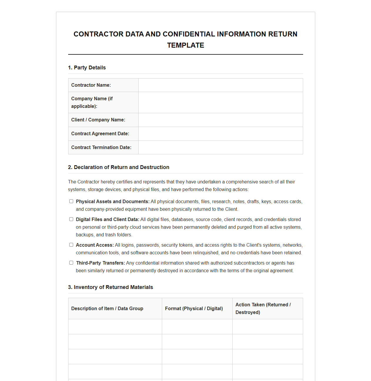 Contractor Data and Confidential Information Return Template