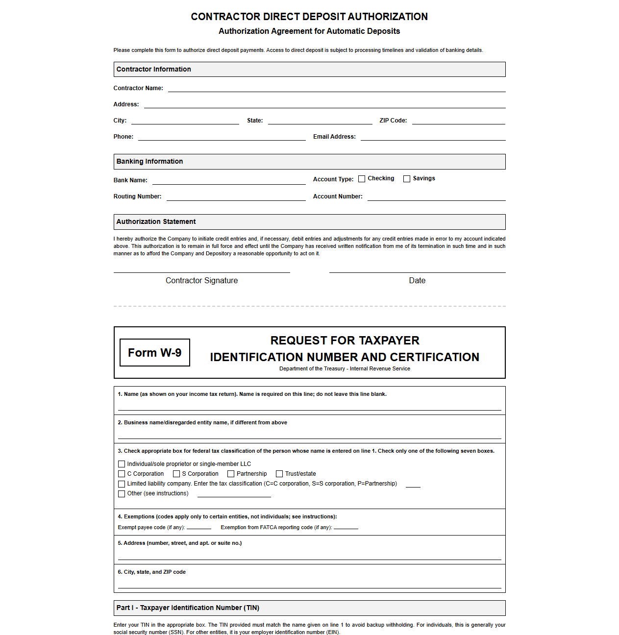 Contractor Direct Deposit Authorization and W-9 Form