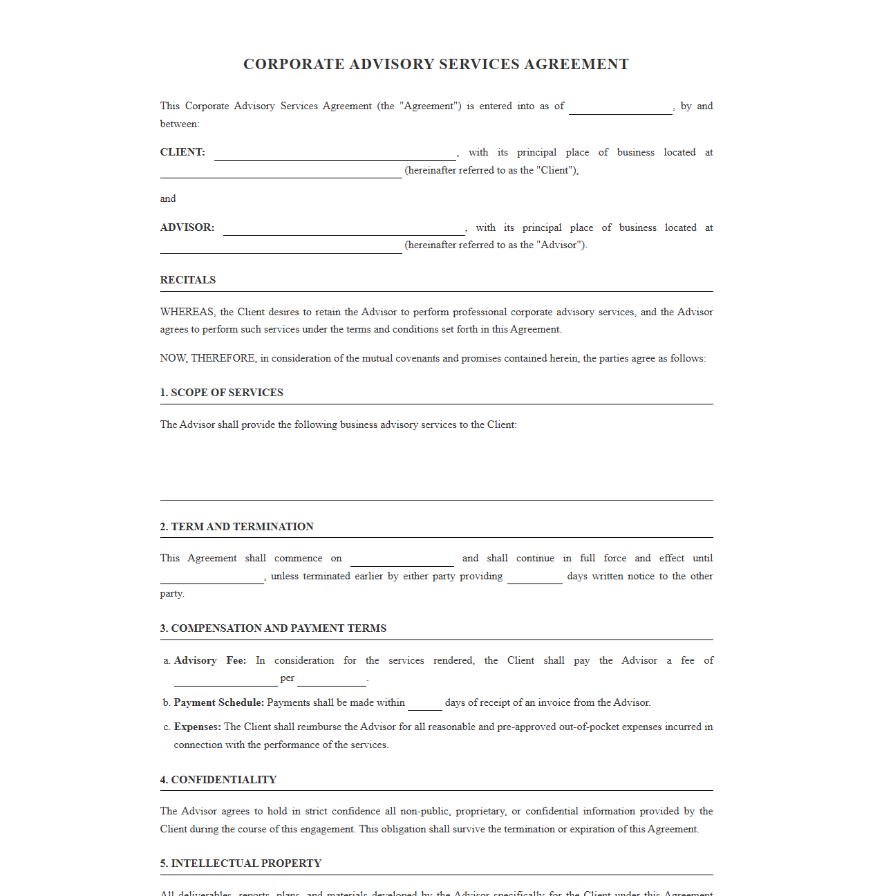 Corporate Advisory Services Agreement Template