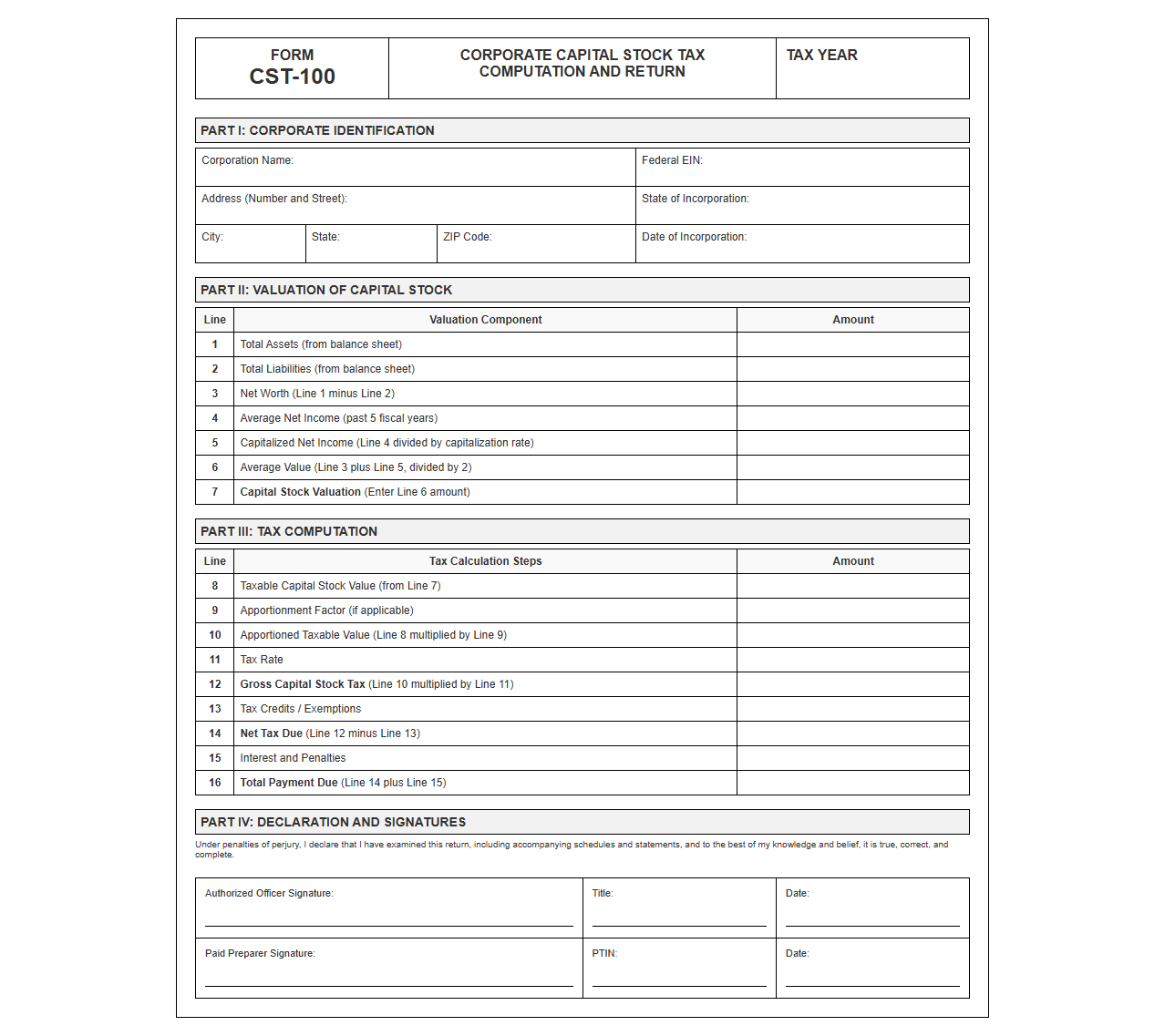 Corporate Capital Stock Tax Computation and Return Template