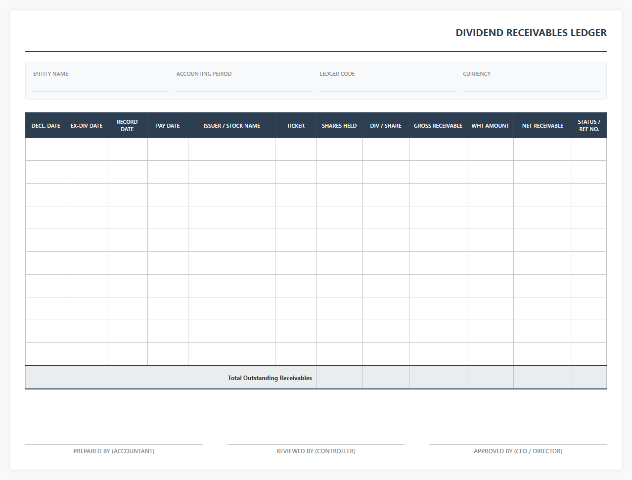 Corporate Dividend Receivables Accounting Ledger