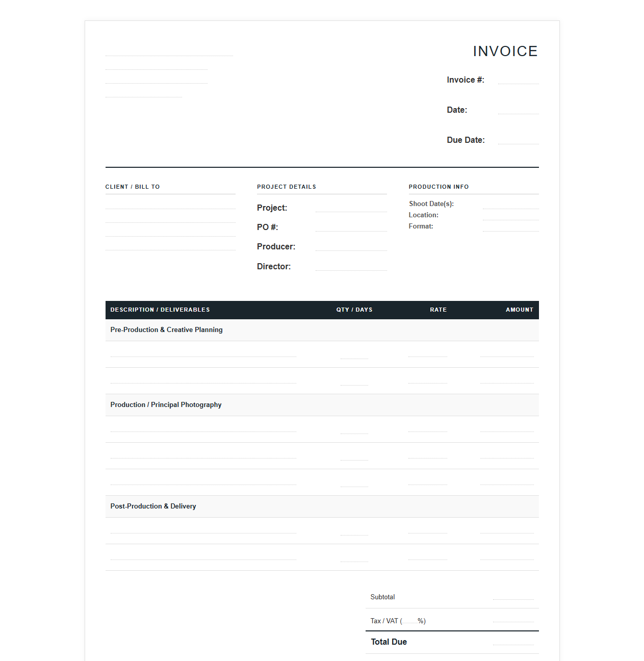 Corporate Film and Media Production Invoice