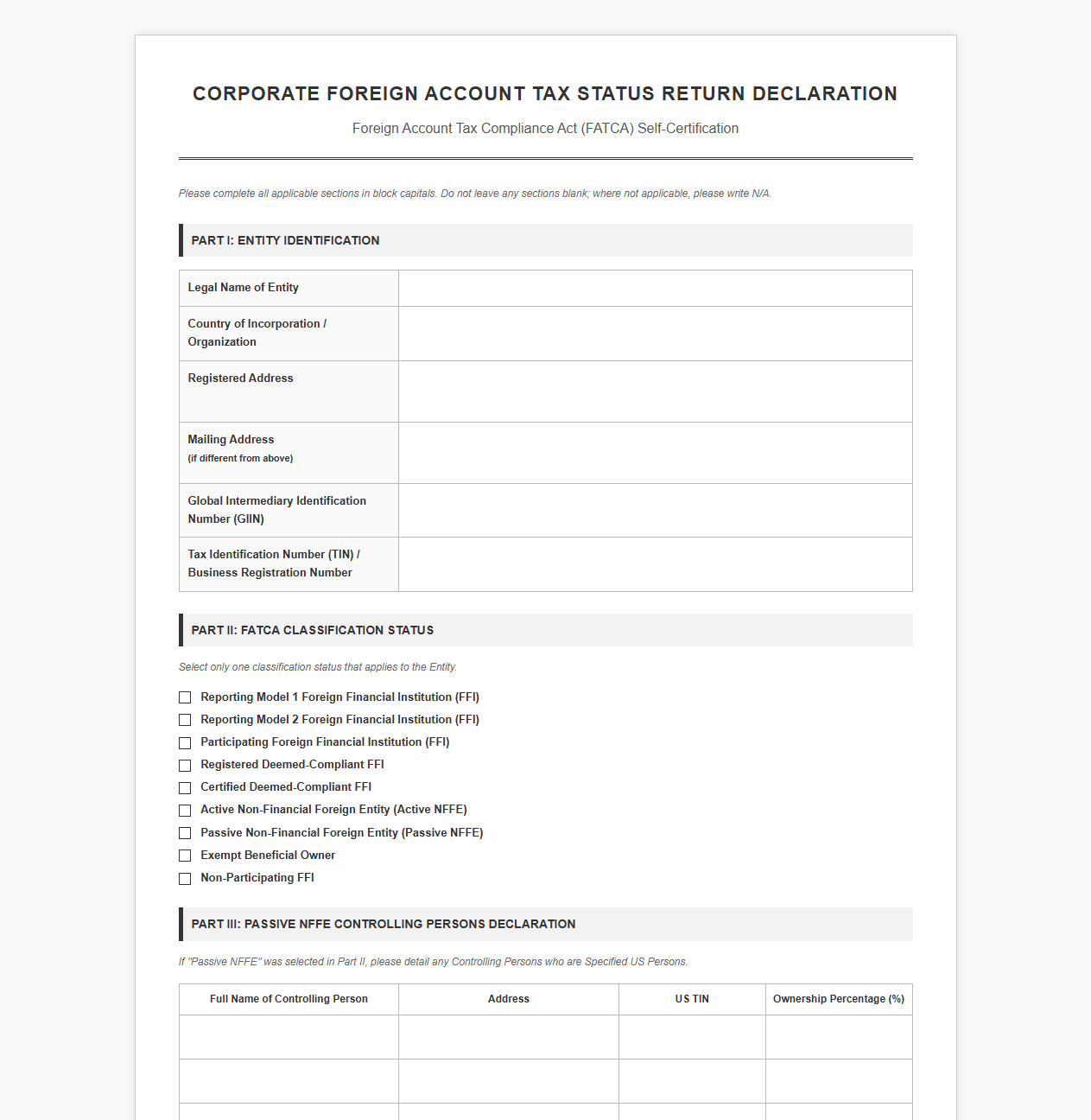 Corporate Foreign Account Tax Status Return Declaration