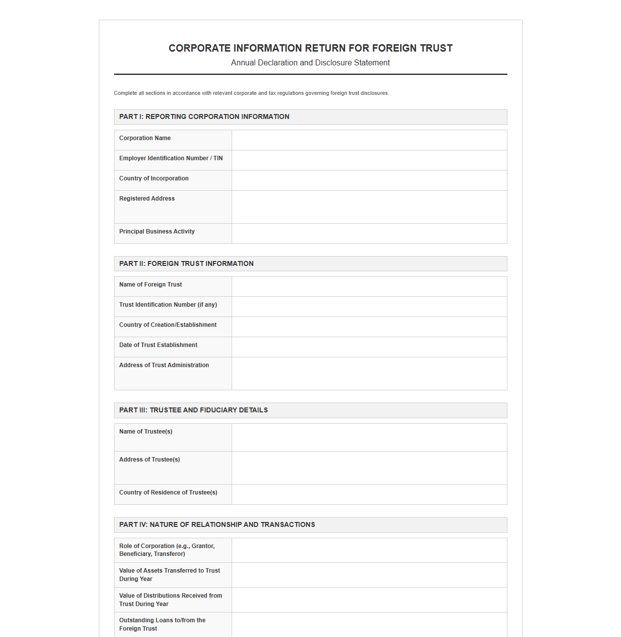Corporate Information Declaration Template for Foreign Trusts