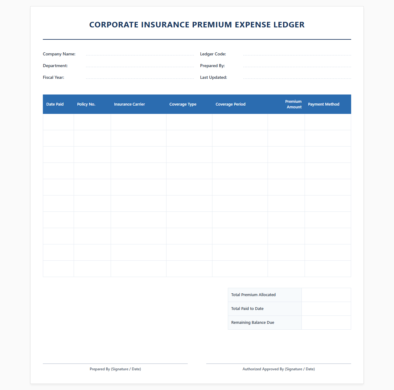 Corporate Insurance Premium Expense Ledger