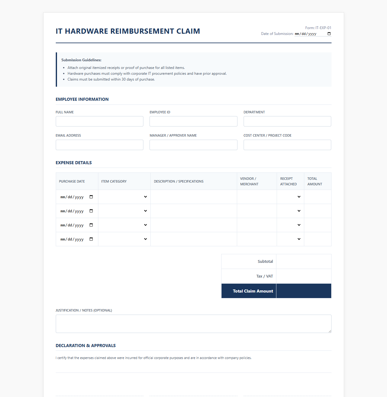 Corporate IT Hardware Reimbursement Claim Template