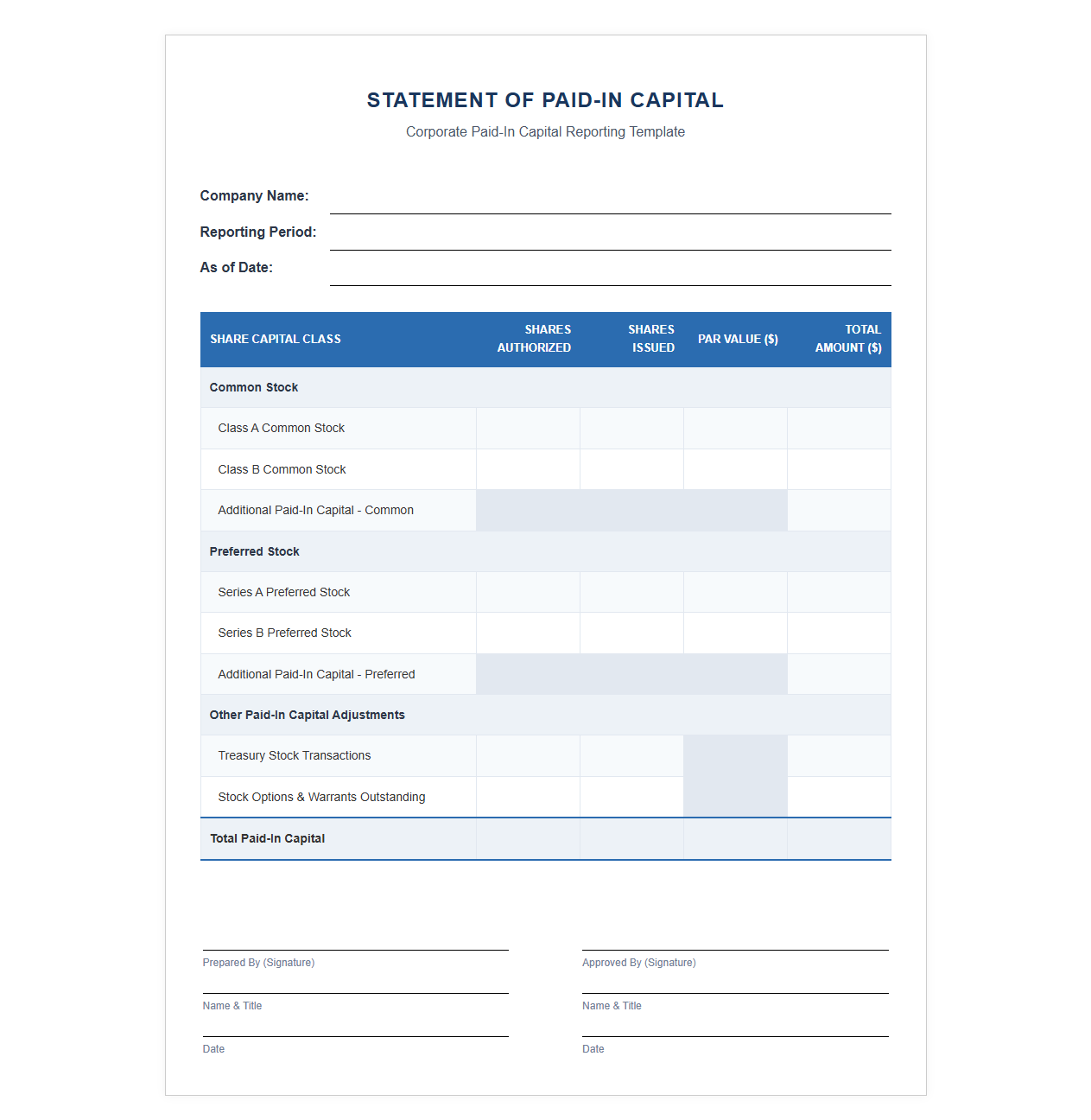 Corporate Paid-In Capital Reporting Template