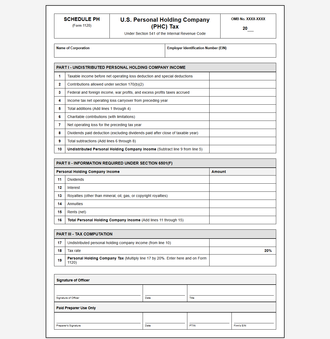 Corporate Personal Holding Company Tax Return Form