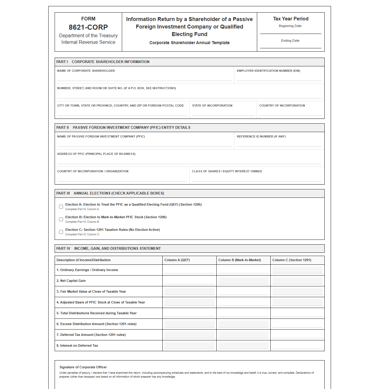 Corporate PFIC Shareholder Return Template