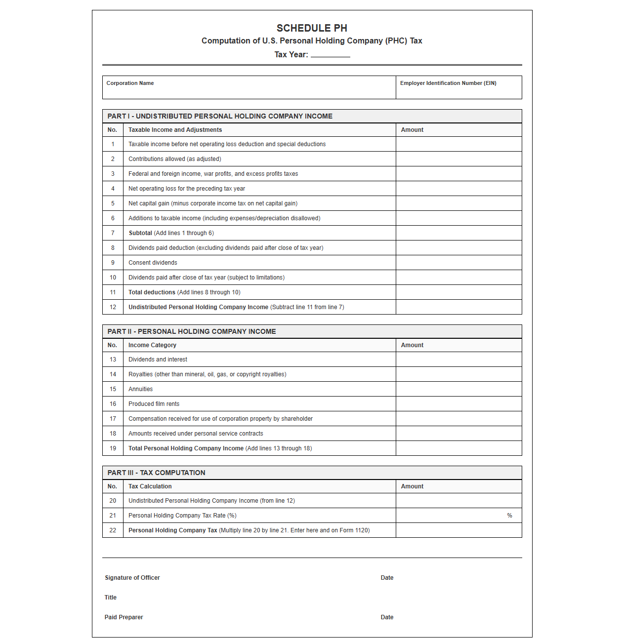 Corporate PHC Tax Return Template