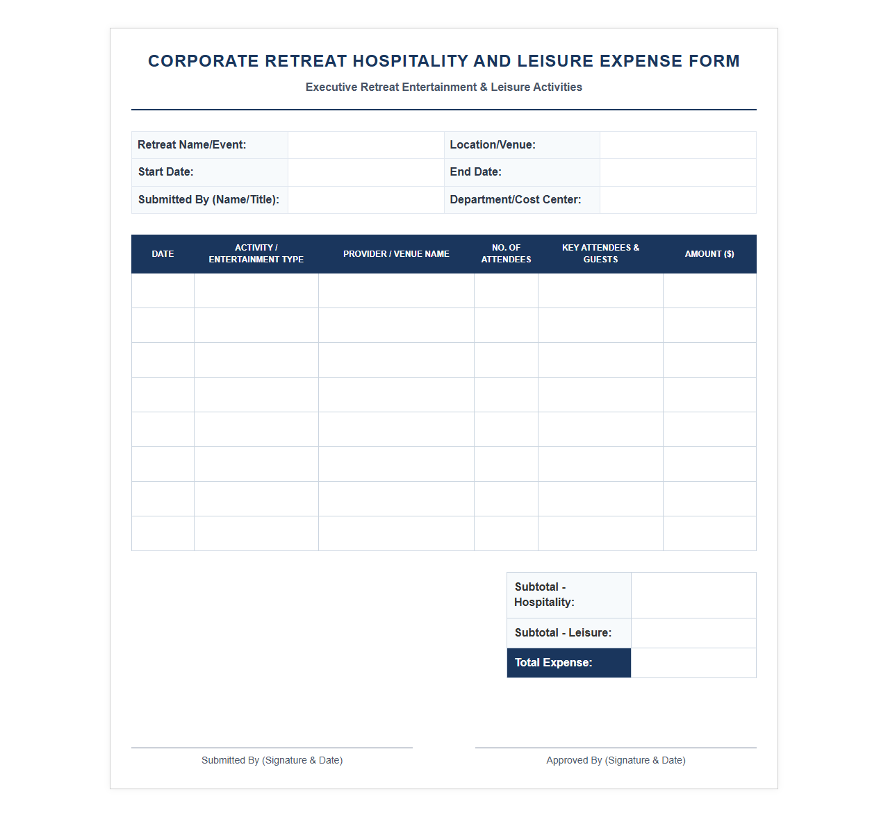 Corporate Retreat Hospitality and Leisure Expense Form